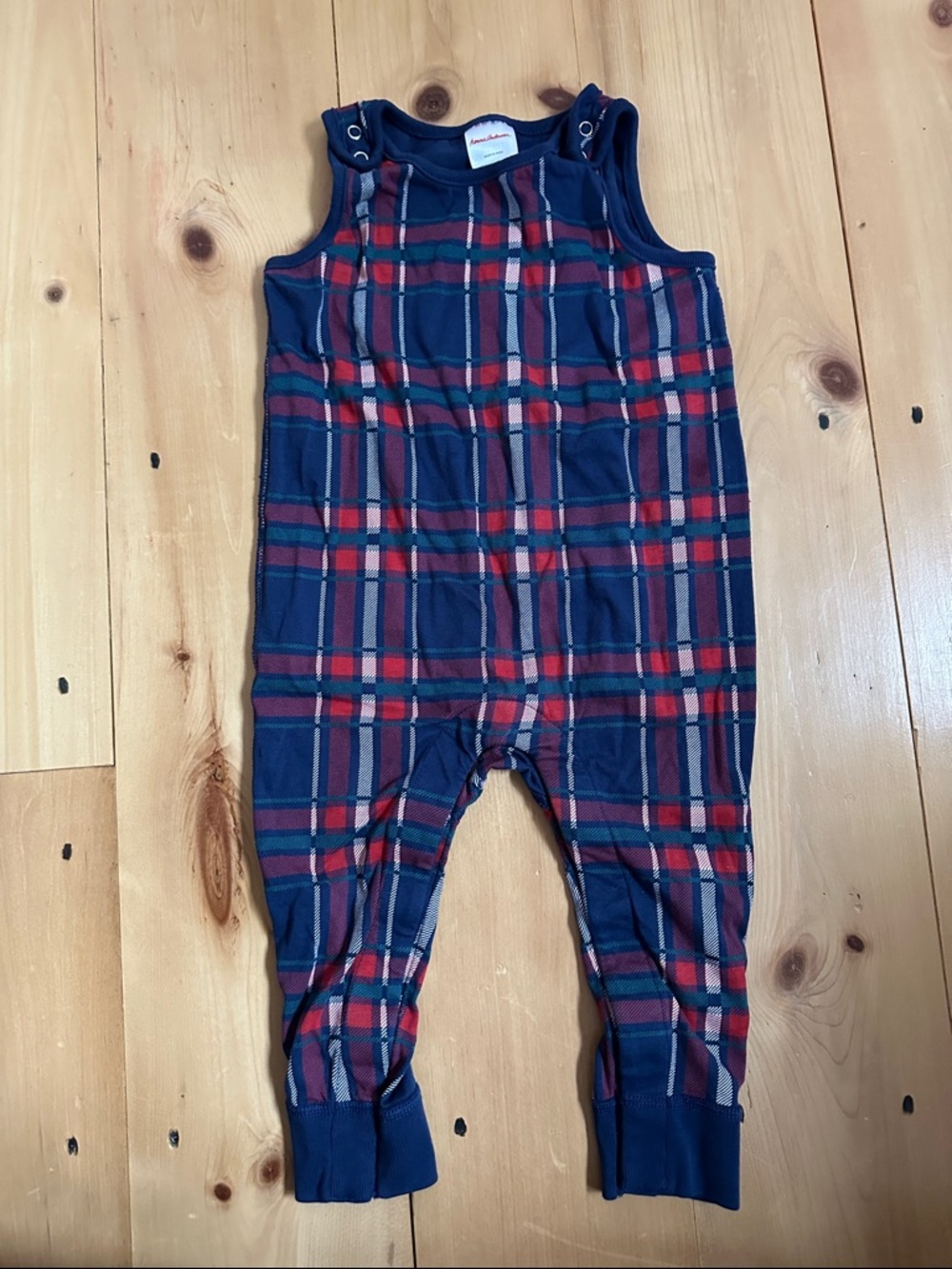 Hanna Andersson Navy & Red Plaid Overalls with matching navy long sleeved tee 2T